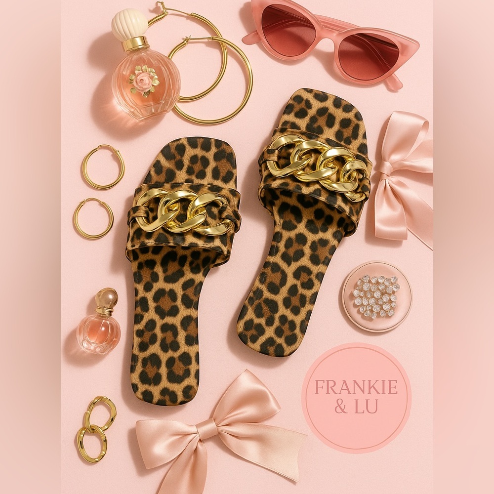 Leopard Print Gold Chain Slide Sandals Square Toe Flat Slip-On NWT - Picture 2 of 6